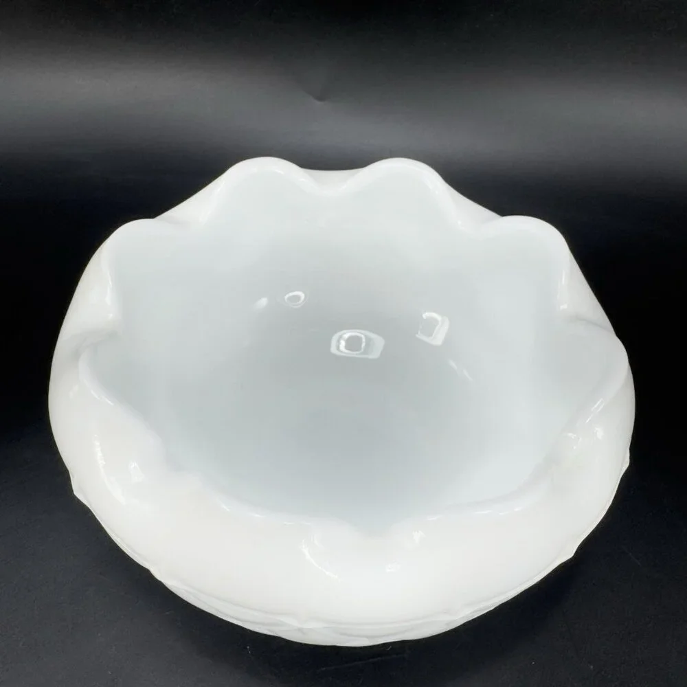 1970S Indiana Glass Milk Glass‎ Quilted Duette Crimped Edges White Dish Bowl VTG
